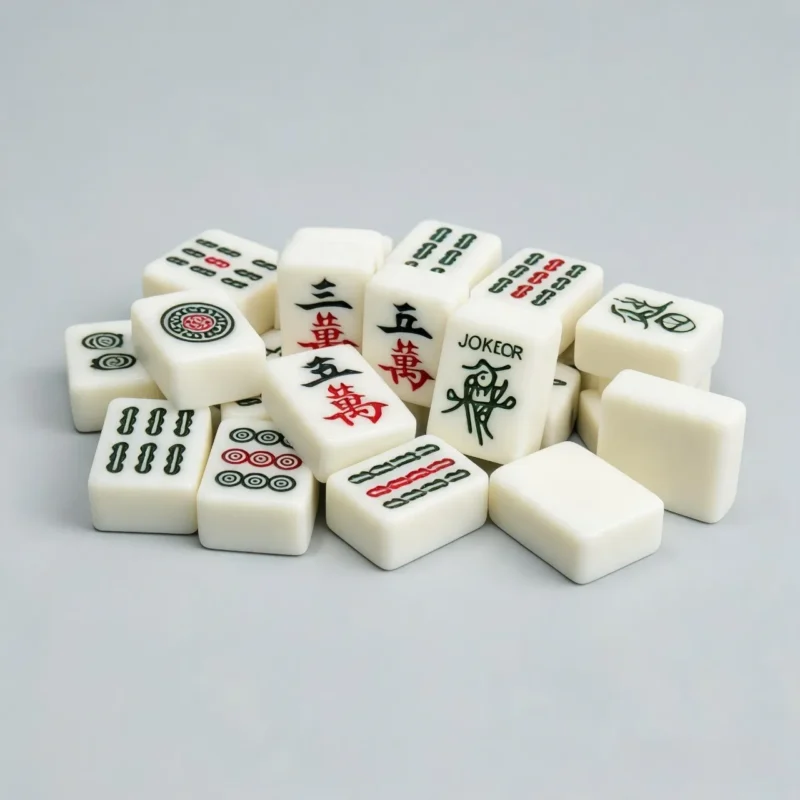 American Mahjong set in ivory — 166 tiles with sky-blue backs arranged on blue felt