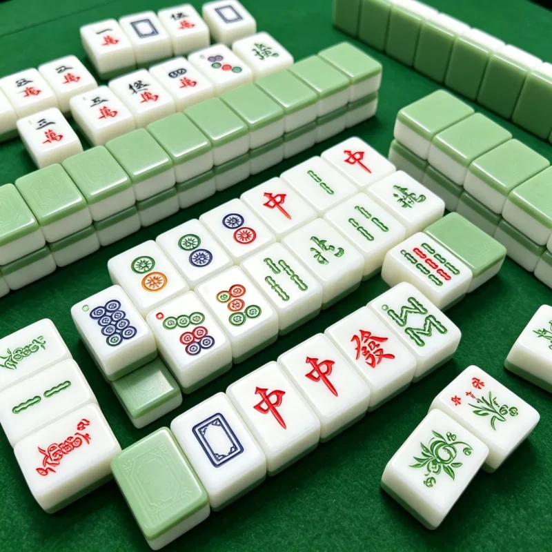 Sage green American Mahjong set with modern tiles laid out in play